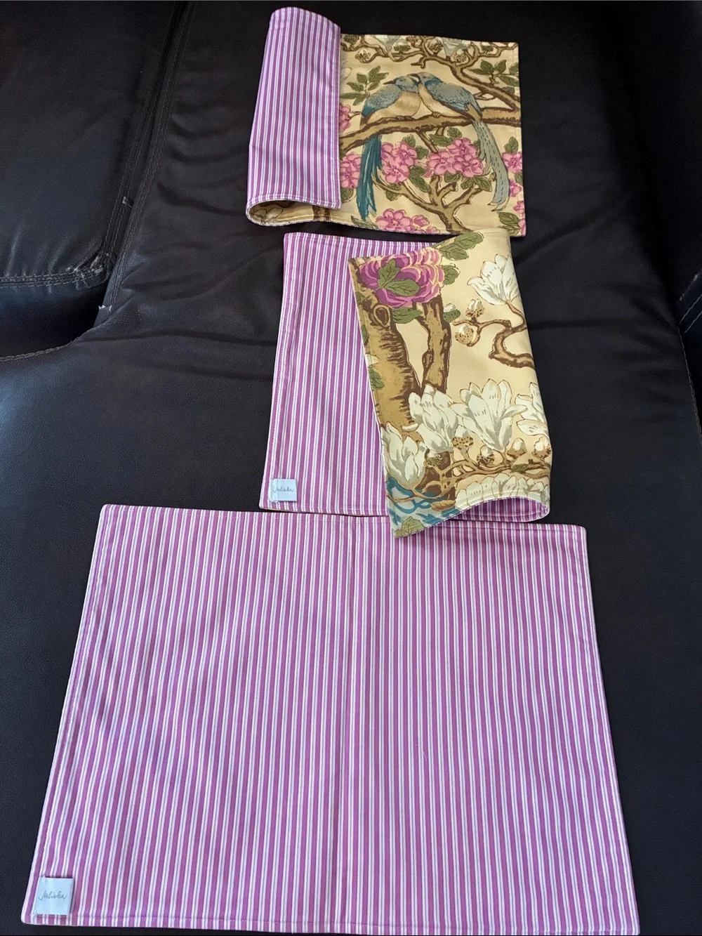 Juliska Beige Placemat Set of 3 with Blue Birds and Pink Flowers 19 X 14”